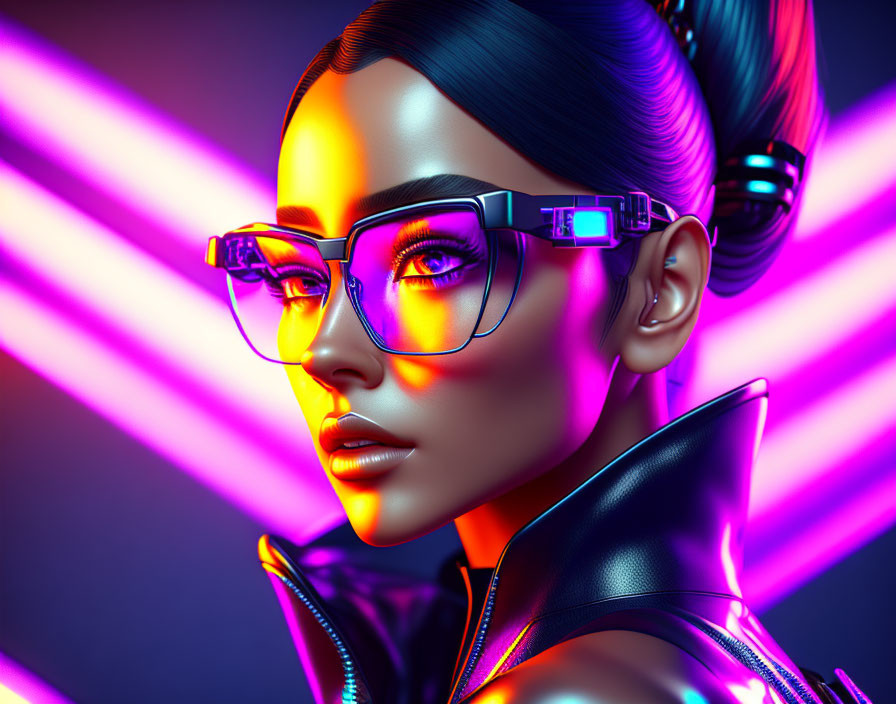 Stylized 3D rendering of female figure with reflective glasses and neon lights