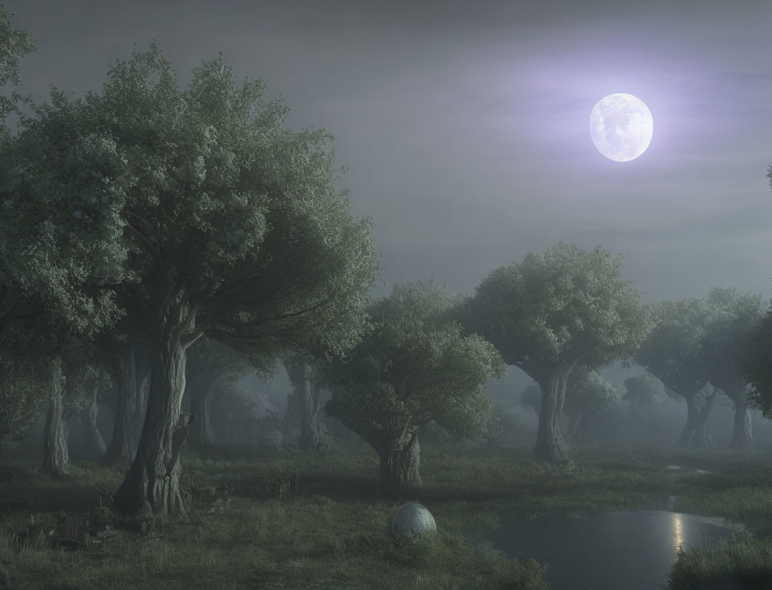 Full moon illuminating misty grove and reflective pond at night