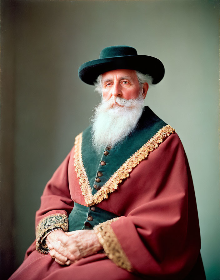 Elderly man in traditional attire with white beard and green hat