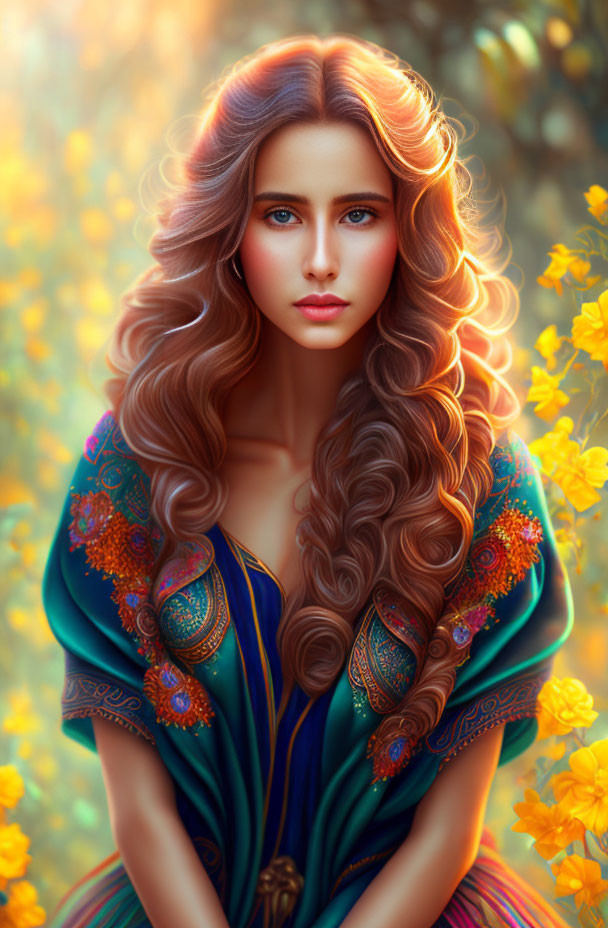 Digital artwork of woman with wavy hair, blue eyes, in embroidered dress amid golden-yellow flowers