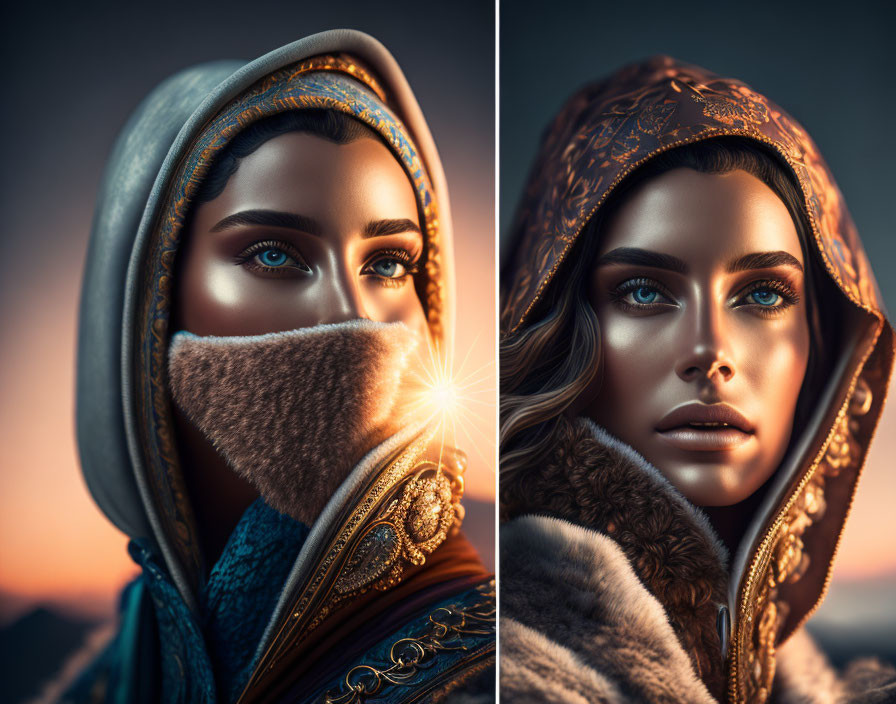 Detailed digital artwork of woman in headscarf and cloak against sunset backdrop