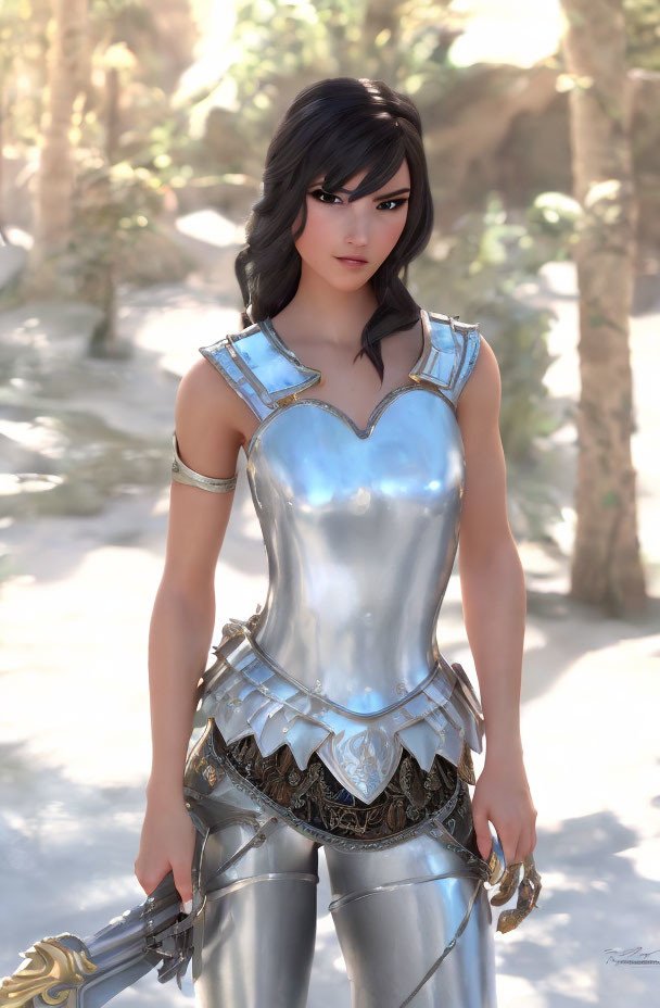 Female warrior in silver armor with sword in forest setting.