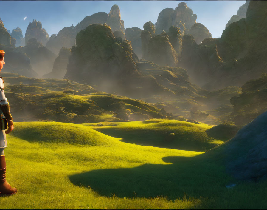 Person in armor overlooking lush valley with green hills and rocky peaks under warm sky