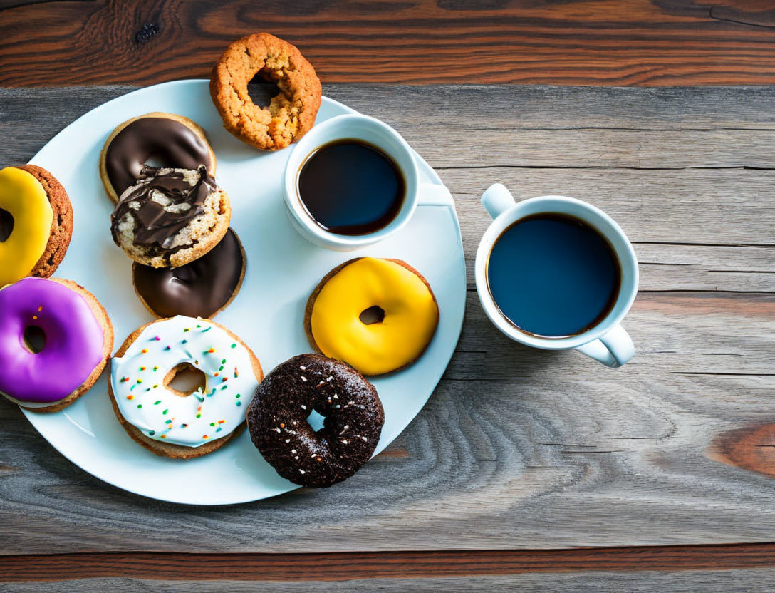 Assorted colorful donuts, cookie, and coffee on white plate and wooden table