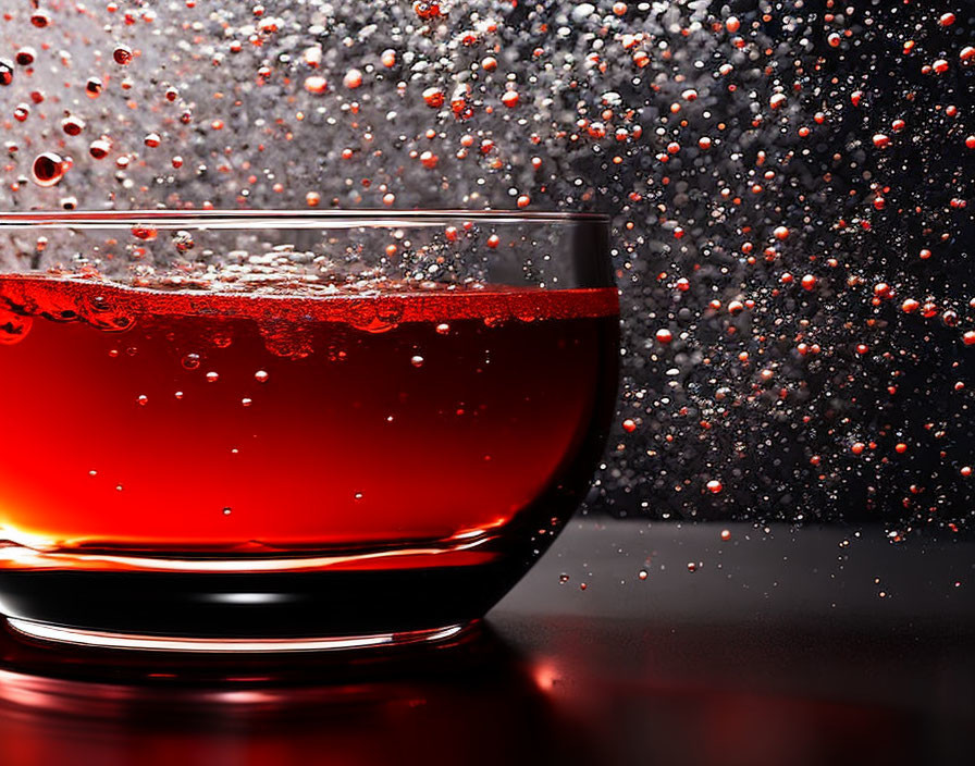 Red liquid in glass bowl with sparkling droplets backdrop