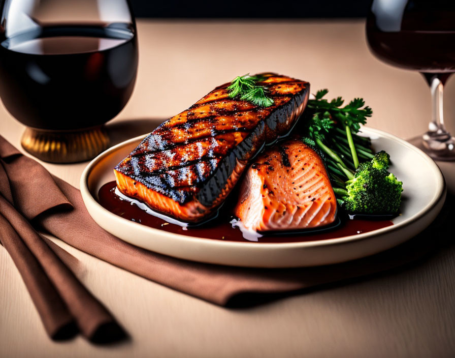 Fresh Grilled Salmon Fillets with Broccoli and Parsley, Served with Red Wine