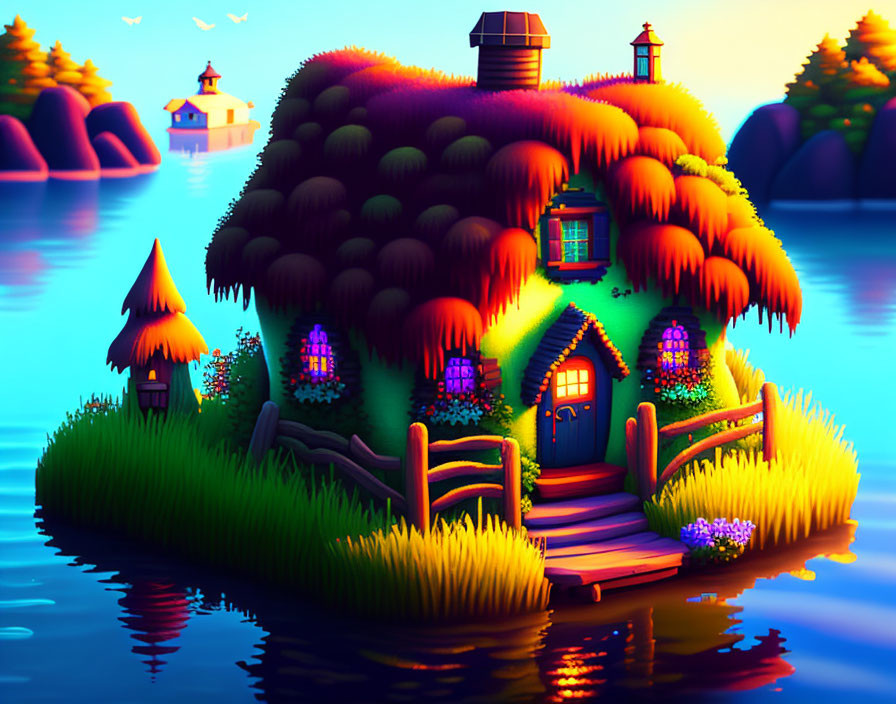 Colorful cottage illustration by a lake at twilight