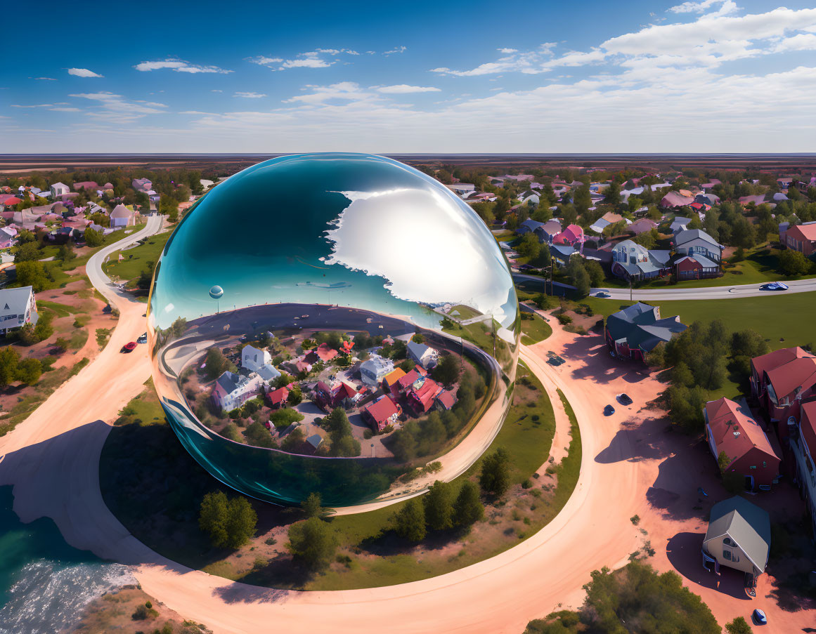 Surreal image of neighborhood in giant reflective sphere