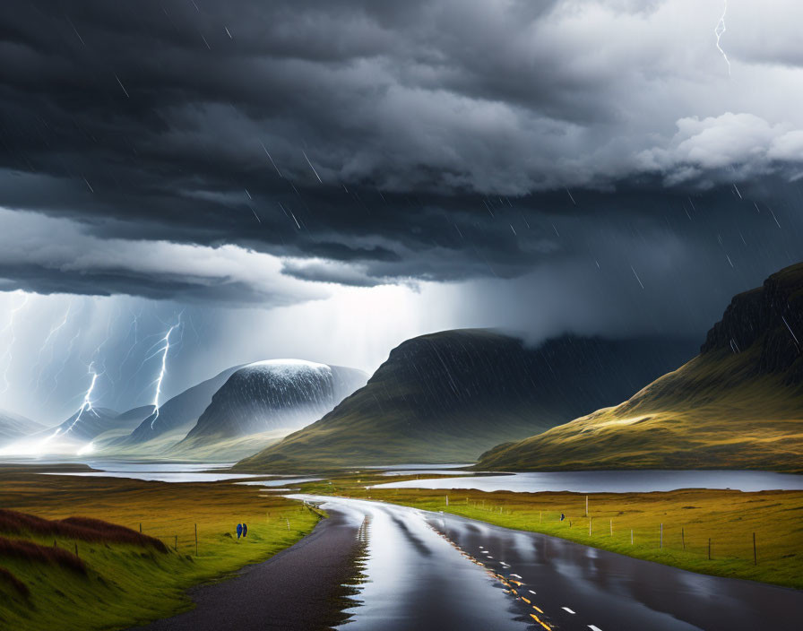 Dramatic storm with lightning strikes over hilly landscape