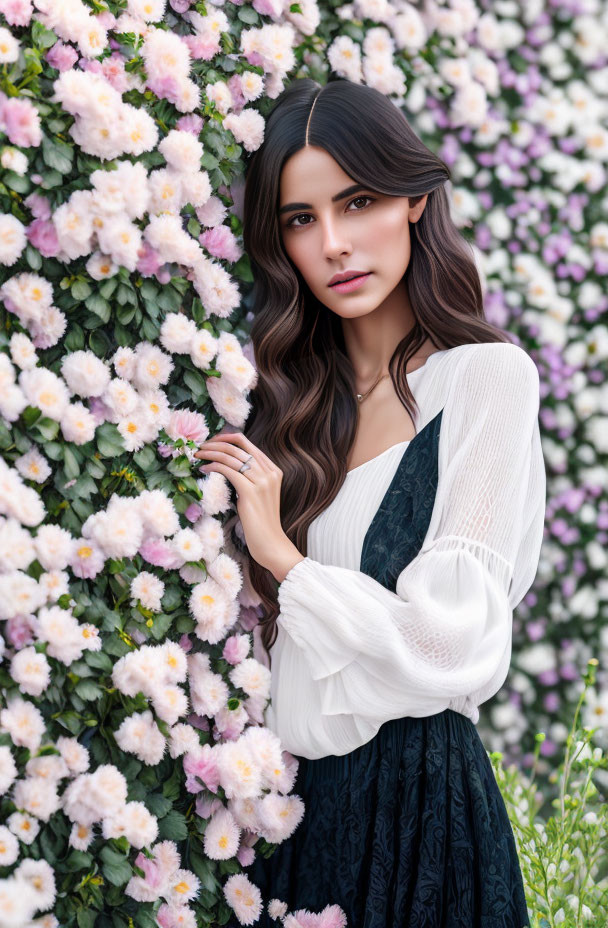 Dark-haired woman in white blouse and dark pinafore surrounded by pink and white flowers