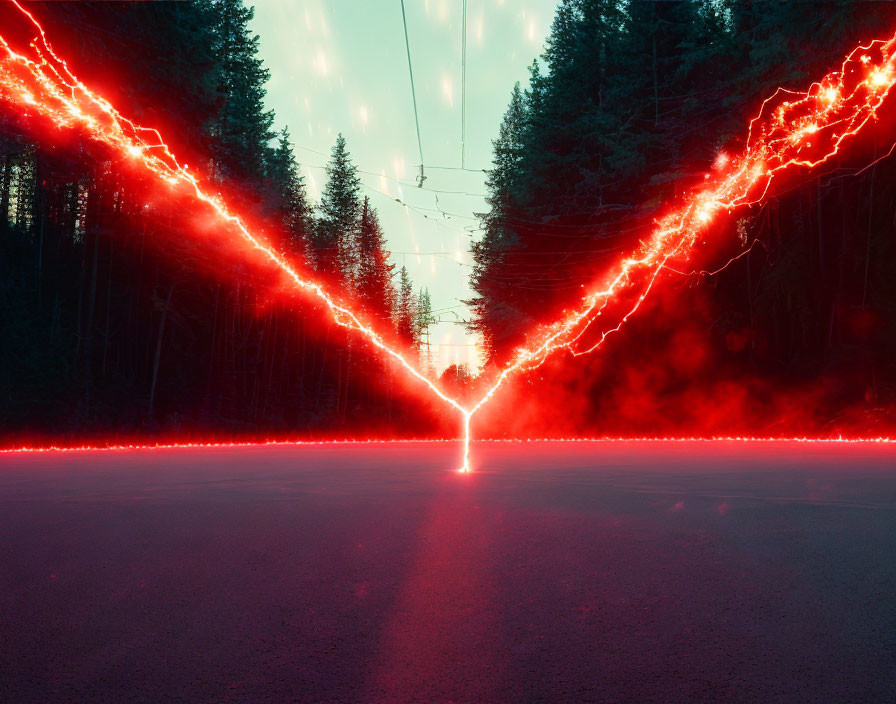 Forest road with high-voltage power lines and red-orange light trails