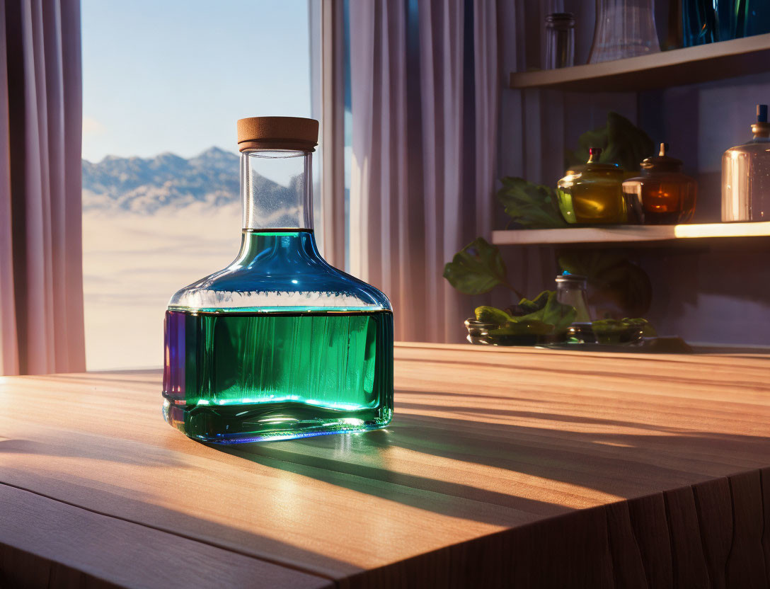 Vibrant glass bottle on wooden table with mountain views