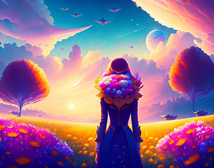 Person in Blue Cloak in Vibrant Fantasy Landscape with Colorful Trees and Planetary Sky