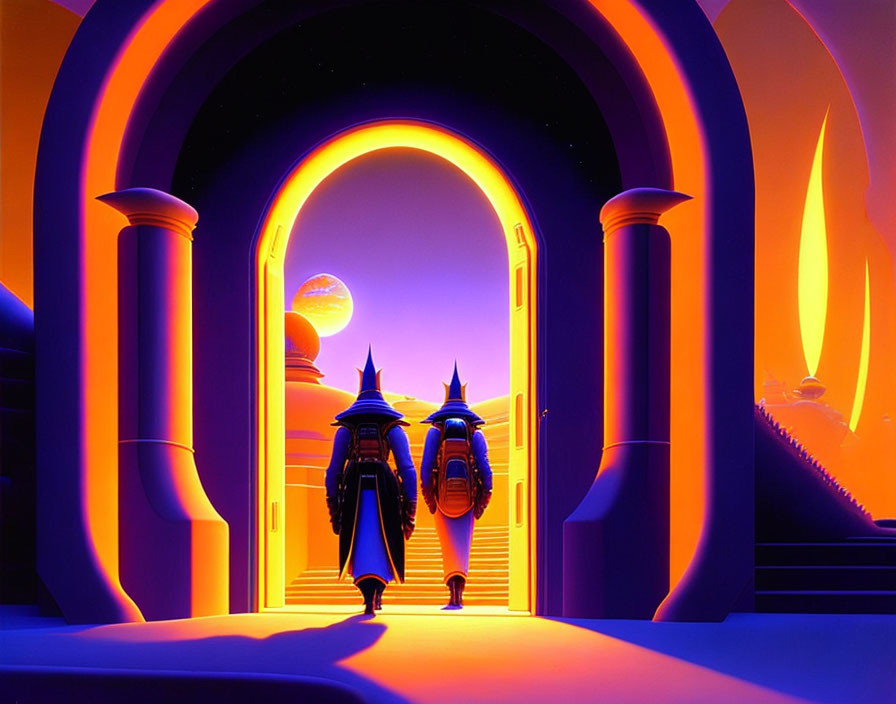 Futuristic figures in neon-lit corridor observe alien planets