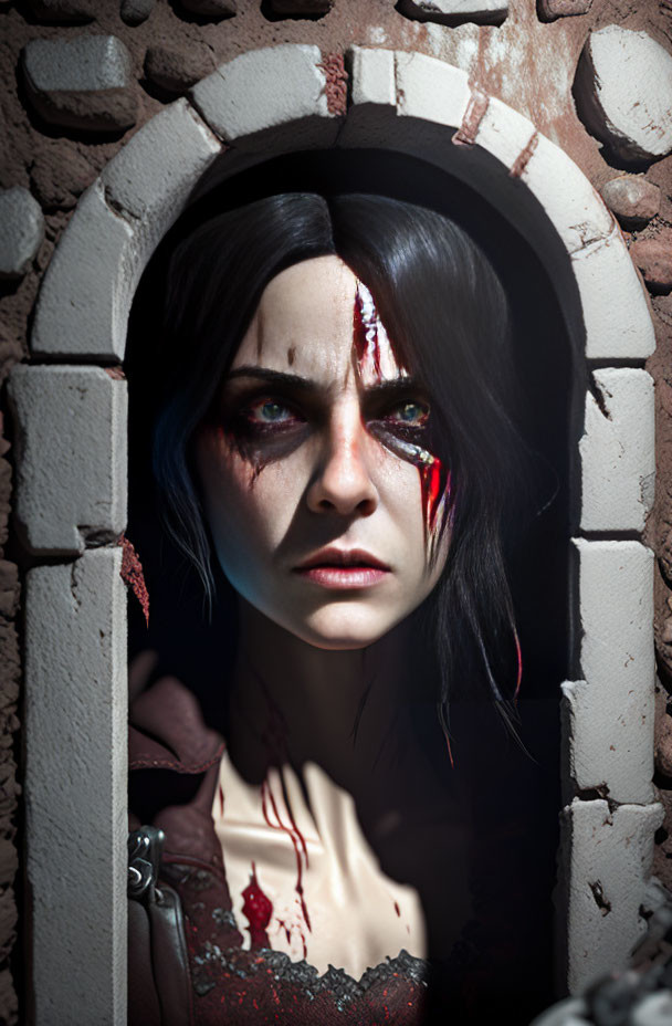 Intense woman with blood streak makeup in brick archway scene