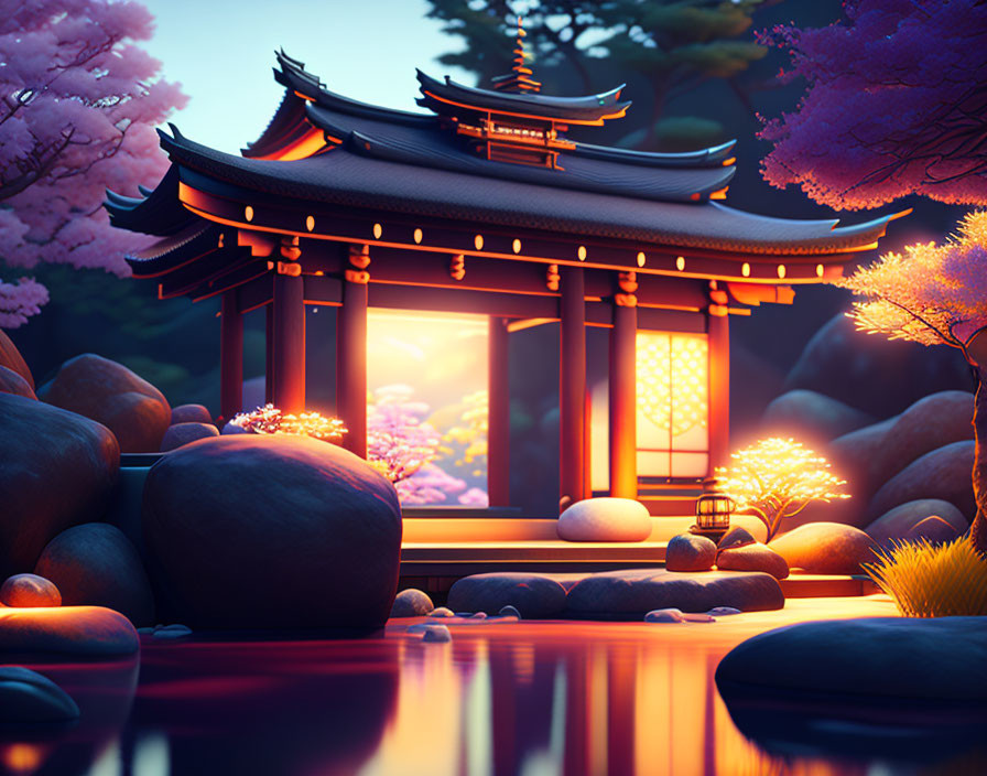 Traditional Asian-style pavilion at twilight with serene pond and lush surroundings