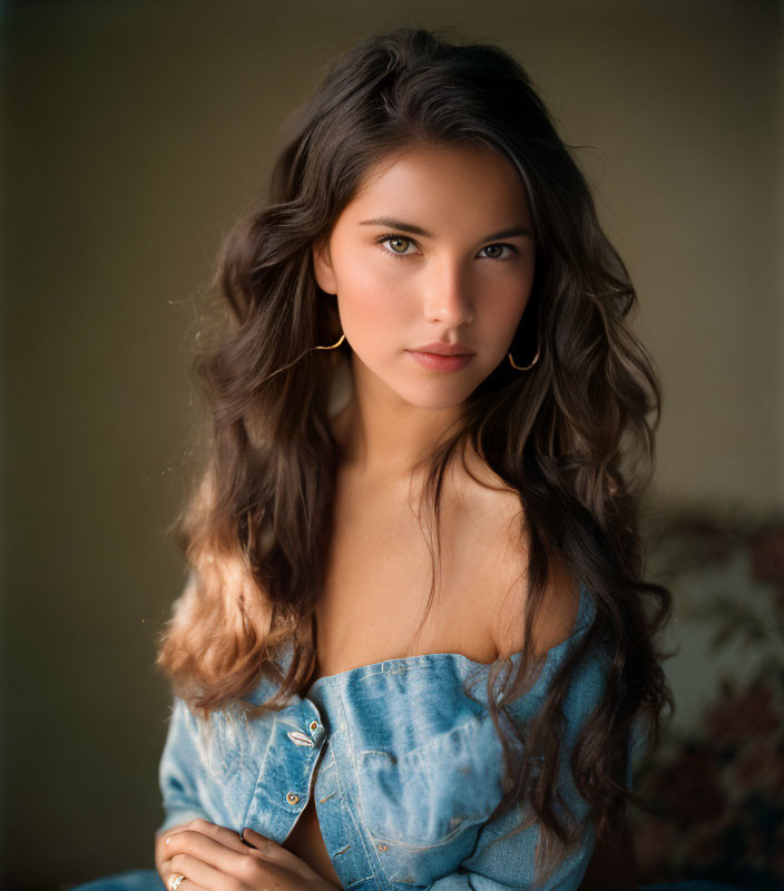 Woman with long wavy hair in denim top and hoop earrings posing with soft gaze.