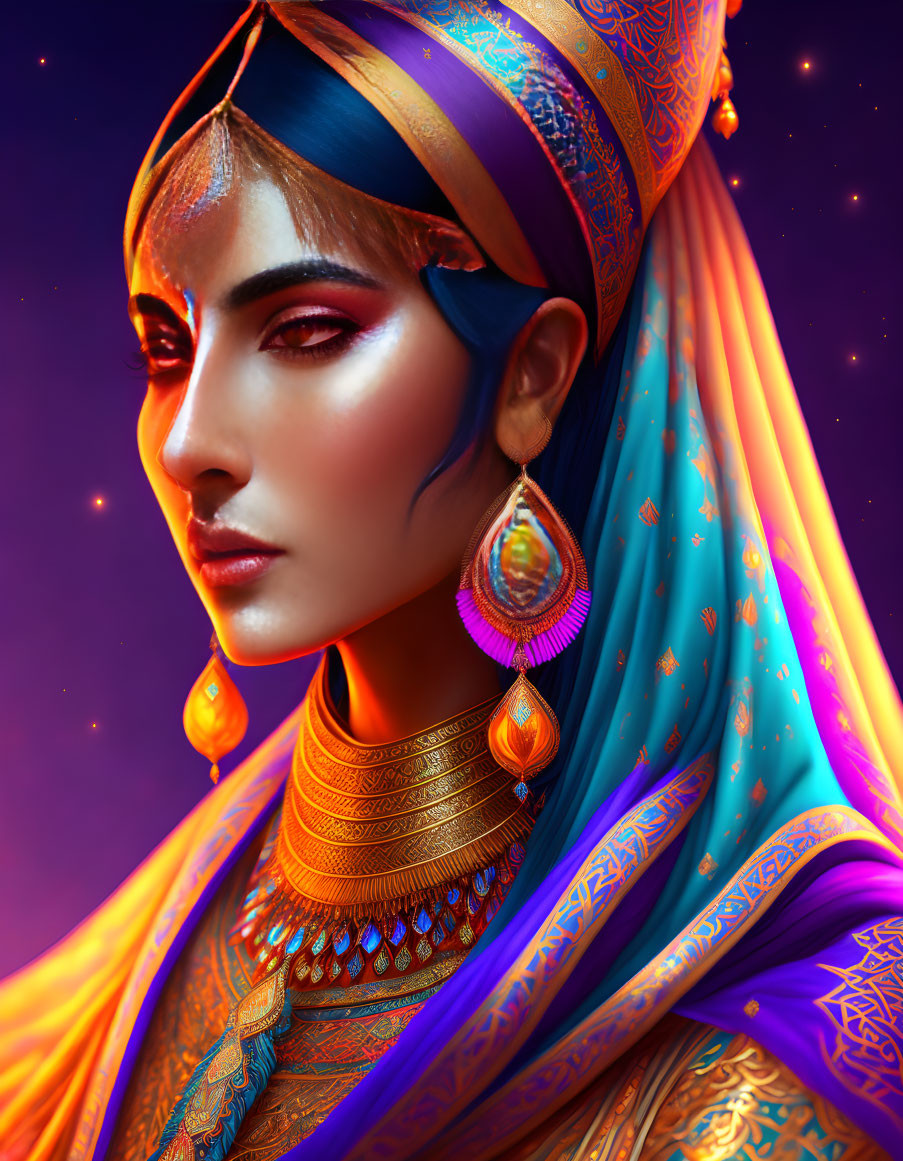 Vibrant digital art portrait of a woman in traditional attire