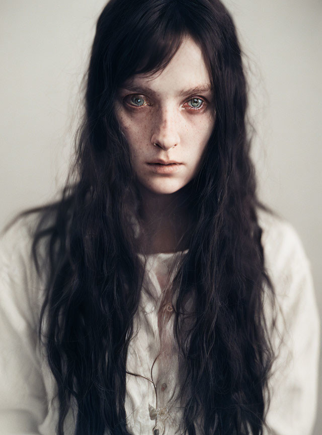 Portrait of woman with long dark wavy hair and green eyes in white blouse