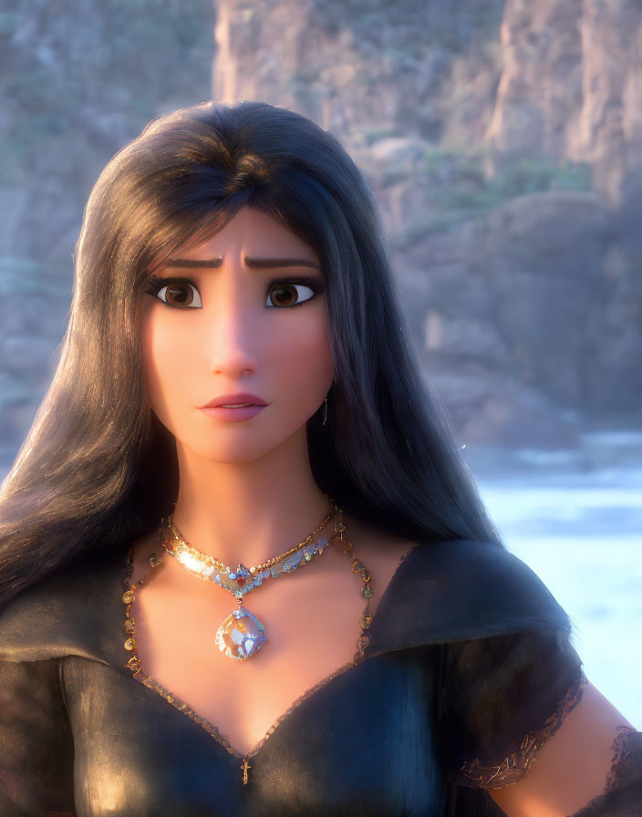 Long-haired female character with necklace in pensive pose against nature backdrop