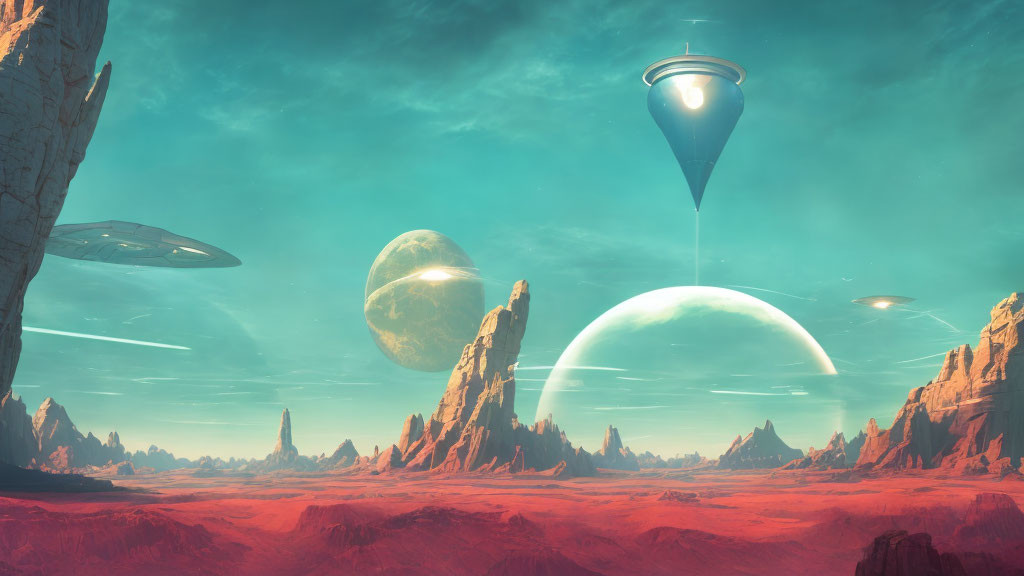 Futuristic sci-fi landscape with floating alien ships above desert terrain