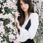 Dark-haired woman in white blouse and dark pinafore surrounded by pink and white flowers