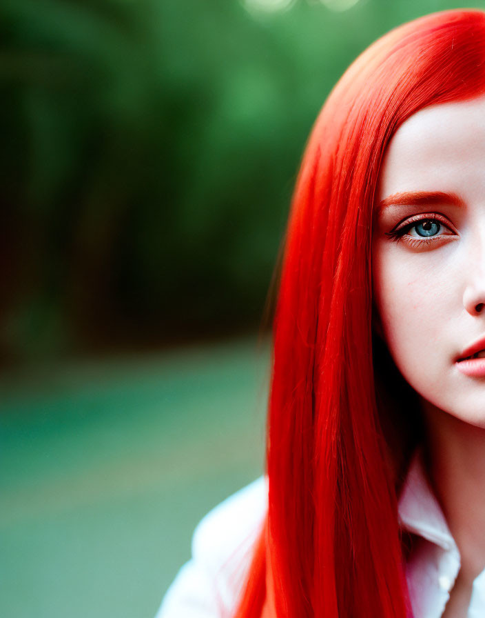 Portrait of person with red hair, fair skin, and blue eyes against green backdrop