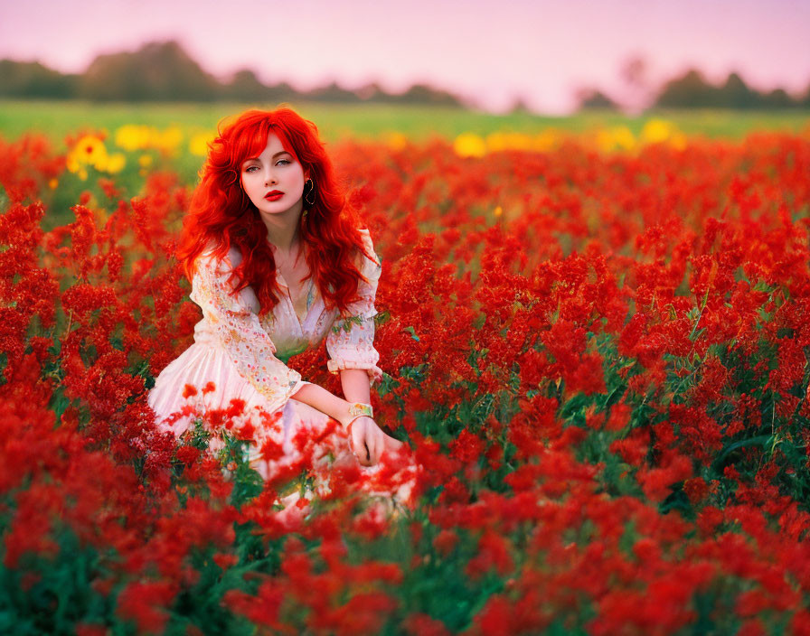 Red-Haired Woman in White Dress Sitting in Blooming Flower Field at Sunset