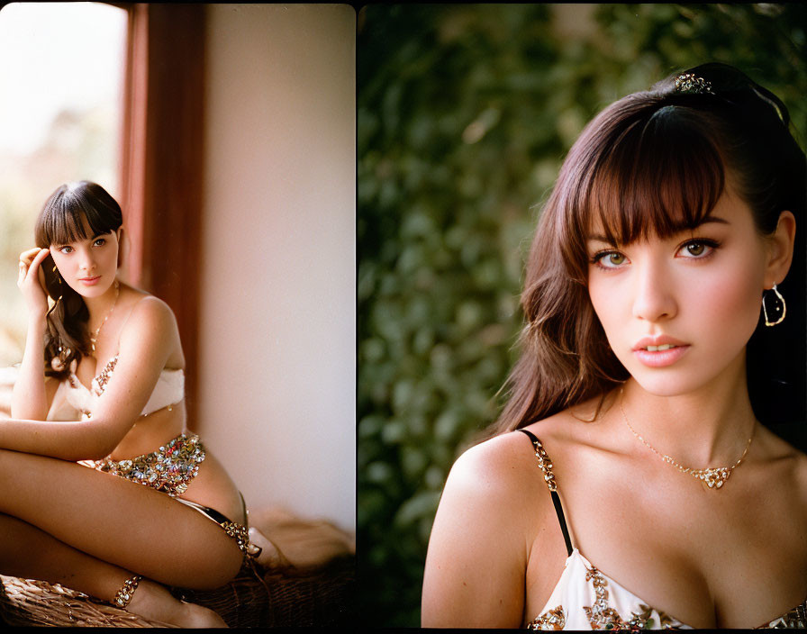 Woman with Bangs in Sparkly Top Poses in Two Images