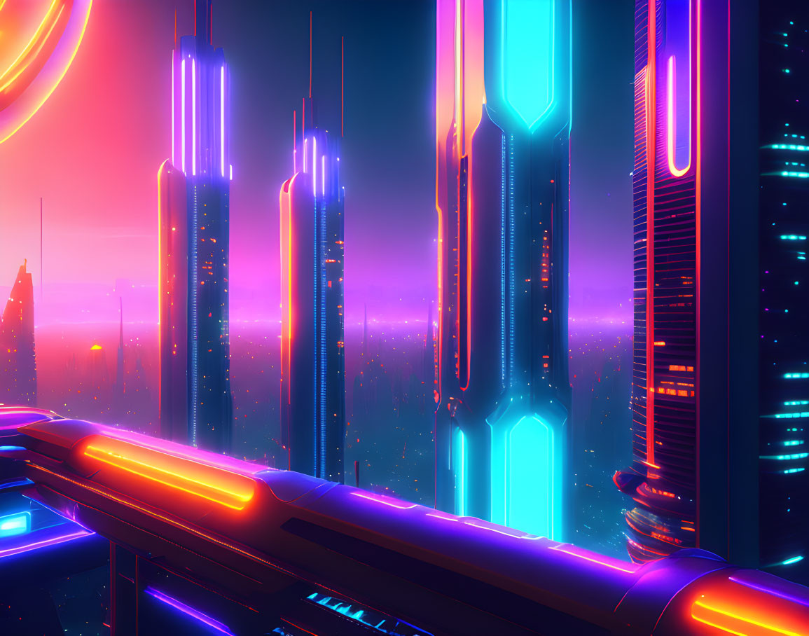 Futuristic cyberpunk cityscape with neon-lit skyscrapers at dusk