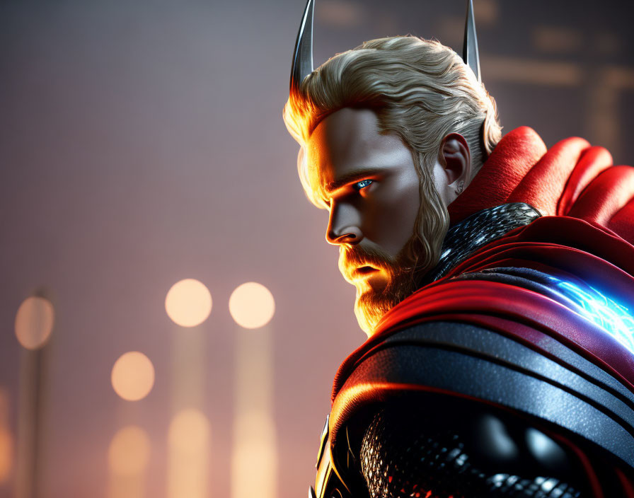 Blonde Bearded Superhero in Black Suit with Red Cape and Glowing Blue Accents