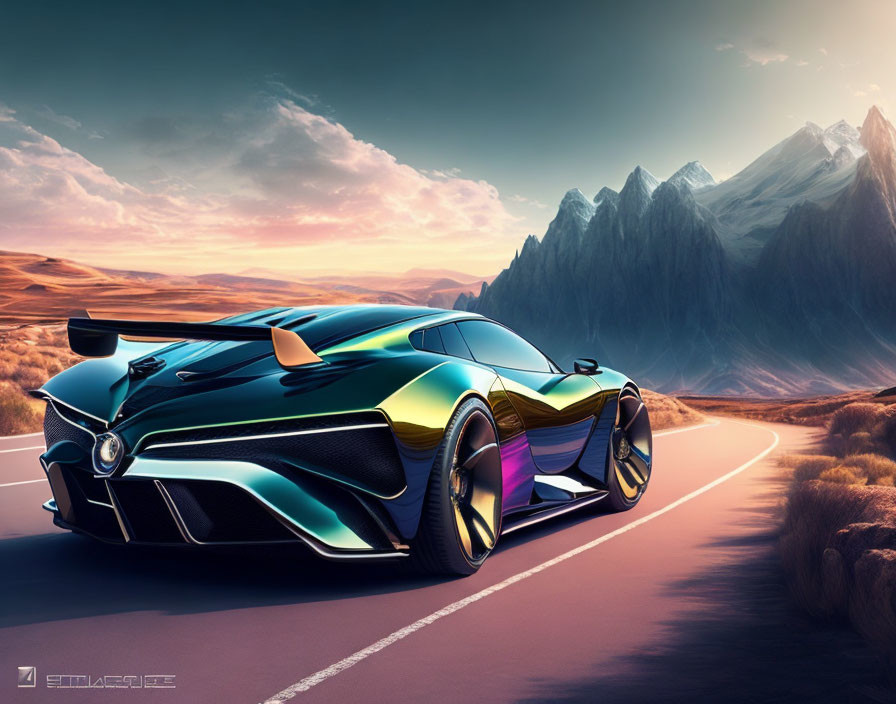 Futuristic green and black gradient car on winding road with mountains