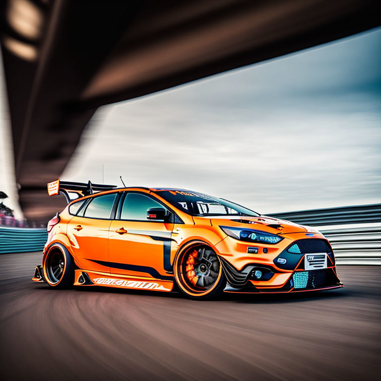 Speeding Orange Racing Car with Aerodynamic Bodywork on Track