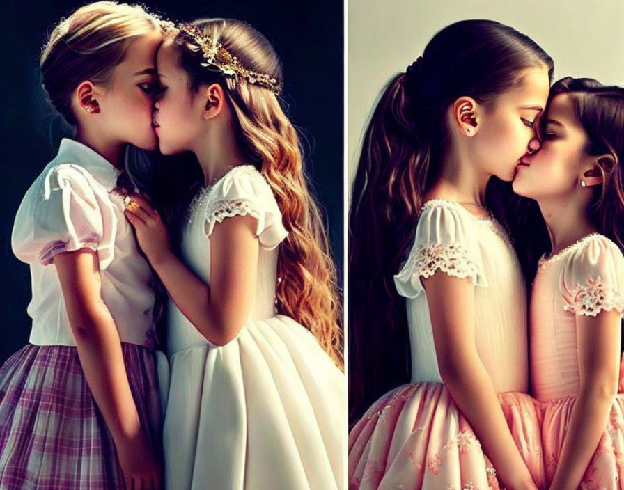 Young girls in elegant dresses sharing a gentle kiss on the lips.