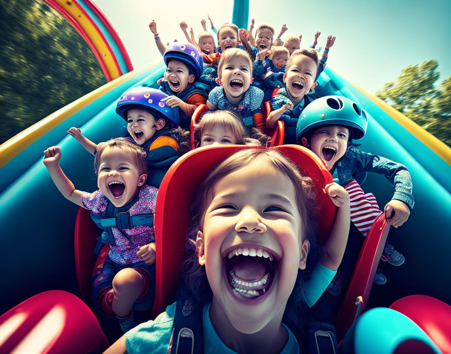 Children in helmets having fun on colorful playground slide