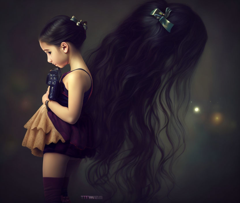 Young girl with long wavy hair and bow holding bear in tutu dress against dark background