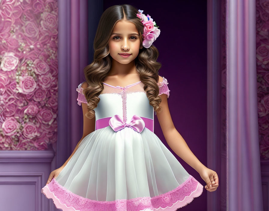 Young girl in white and pink dress with bow, surrounded by roses on purple background