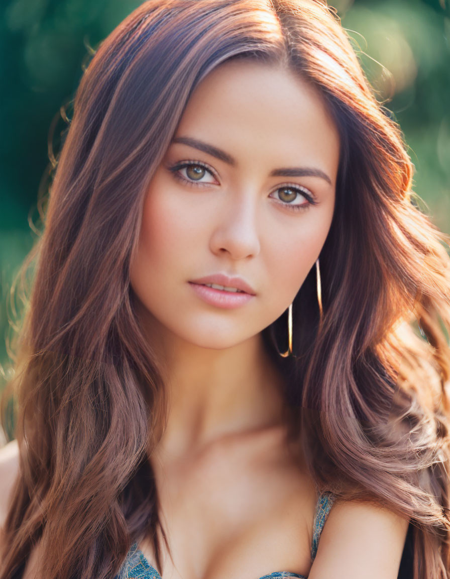 Portrait of Young Woman with Brown Hair and Eyes in Blue Top