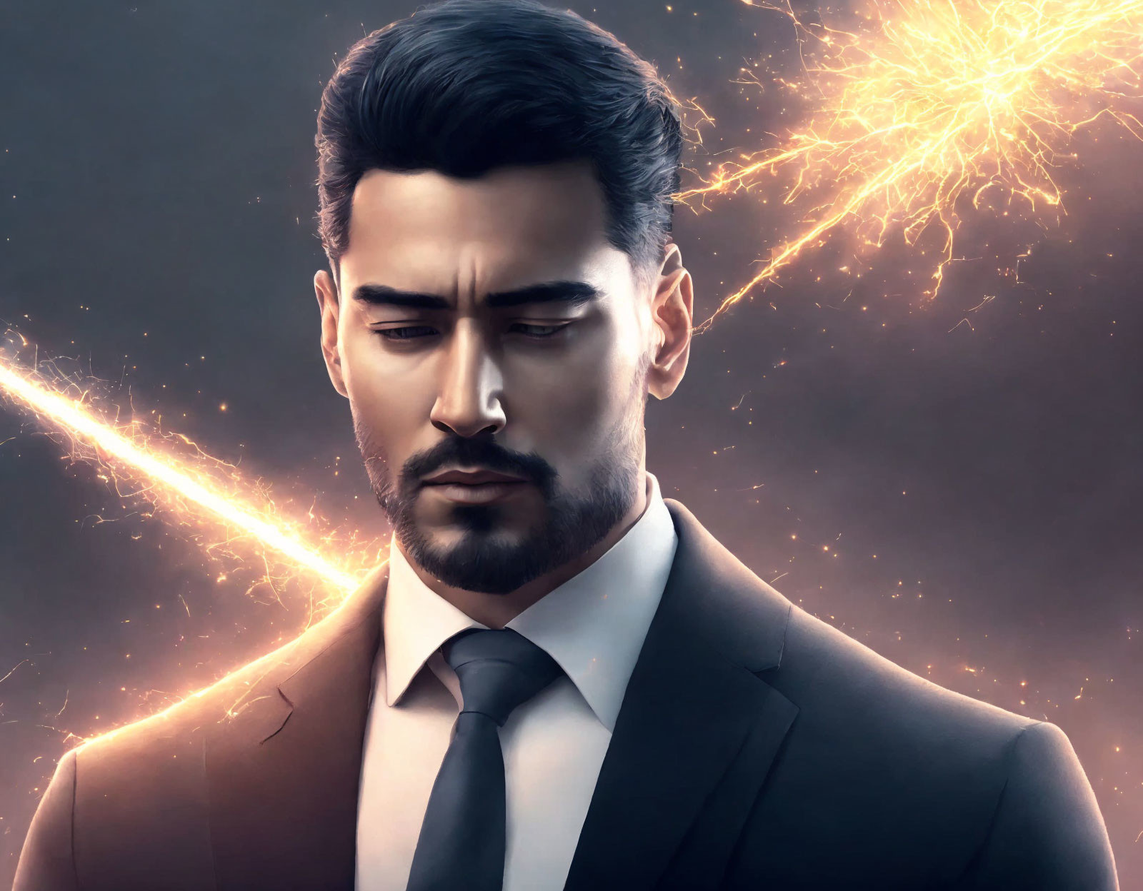 Stylish man with beard in suit against fiery background