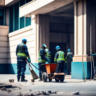 Construction workers in hard hats and safety vests at building site with tools and wheelbarrow.