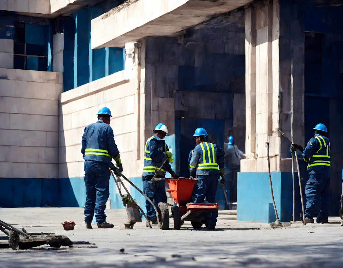 Construction workers in hard hats and safety vests at building site with tools and wheelbarrow.