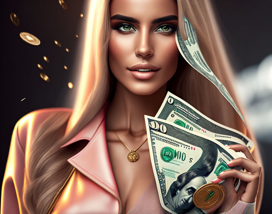 Digital artwork of woman with green eyes and blonde hair holding money clip with US dollars and golden coins.