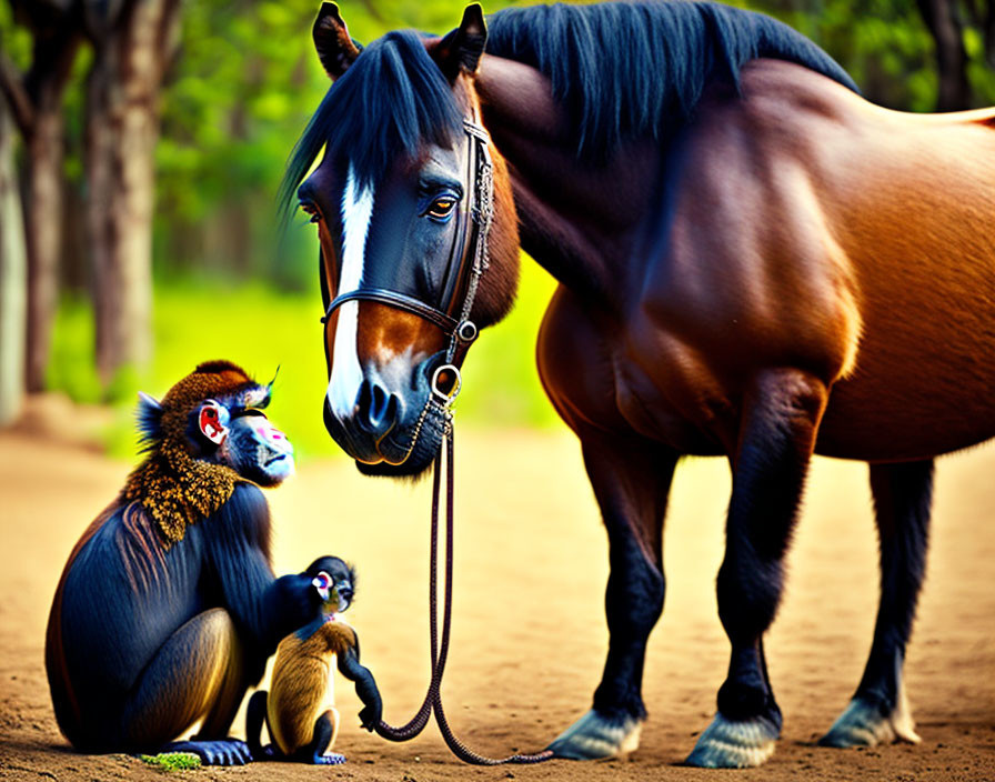 Mandrill Monkey and Baby with Bridled Horse in Green Woodland