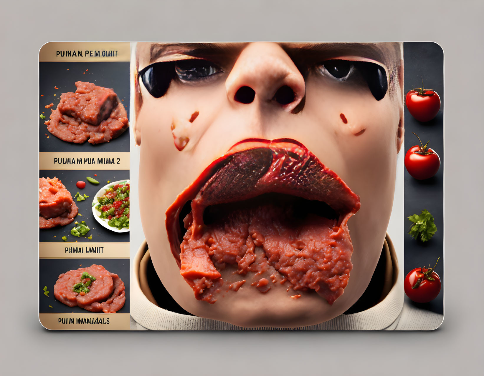 Exaggerated photo manipulation featuring oversized tongue and food spoon.