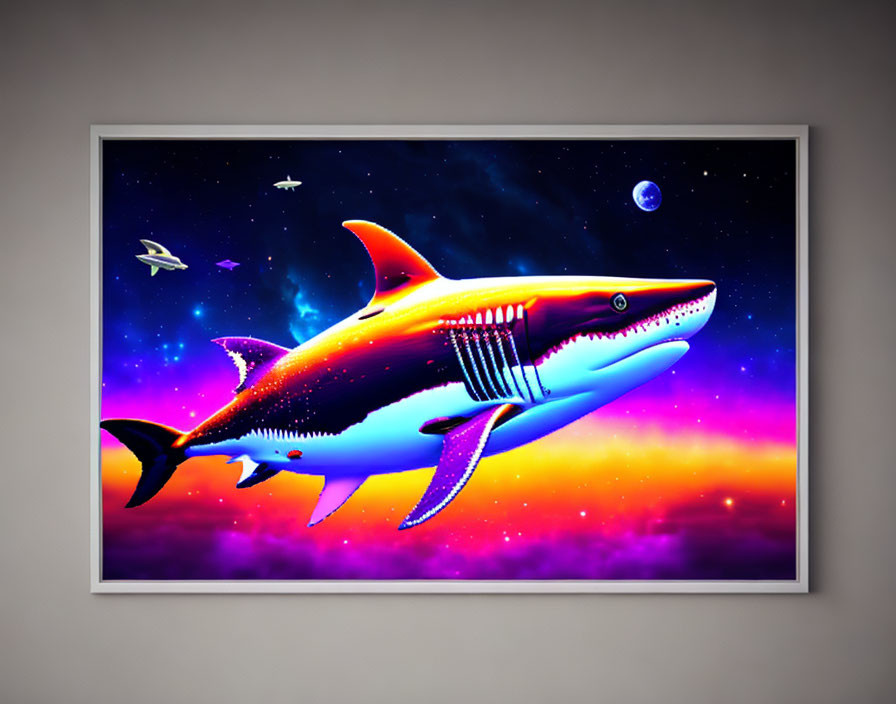 Colorful Shark Artwork on Cosmic Background in Frame