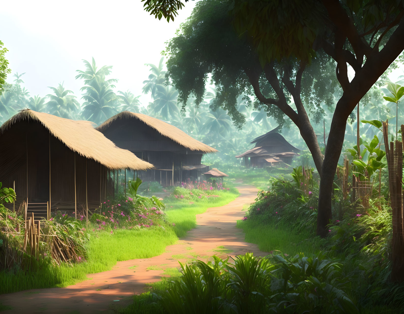 Tranquil village path with thatched-roof huts in misty morning