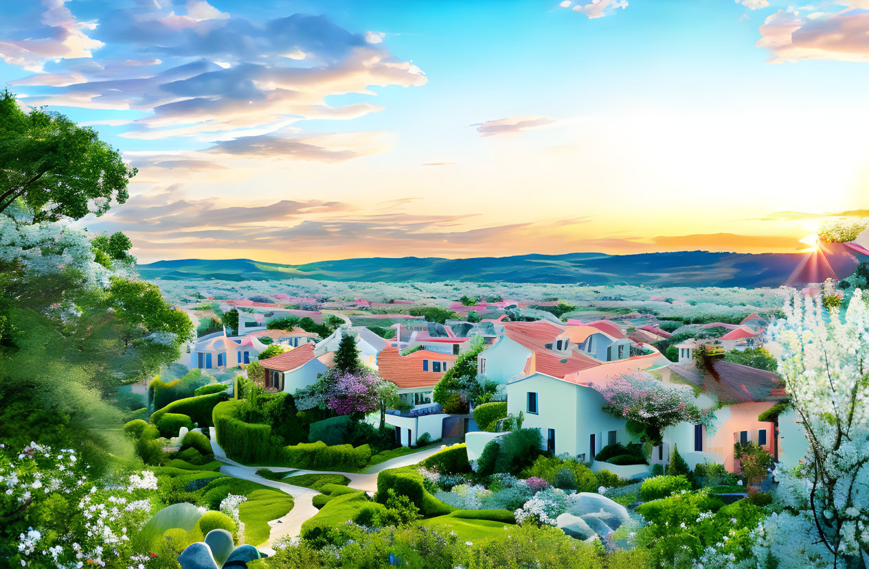 Scenic suburban landscape with gardens, trees, and houses at sunrise