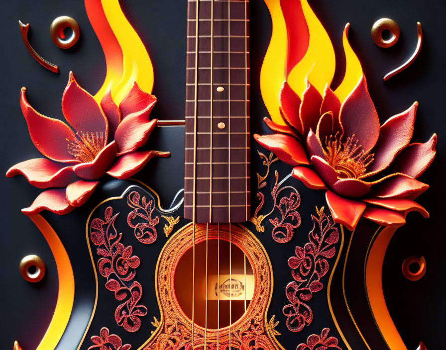 Floral and Flame Pattern Guitar on Dark Background