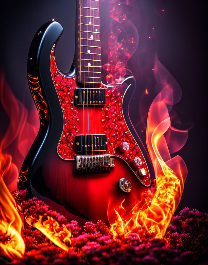 Red Electric Guitar with Fiery Design in Flames and Smoke on Dark Background