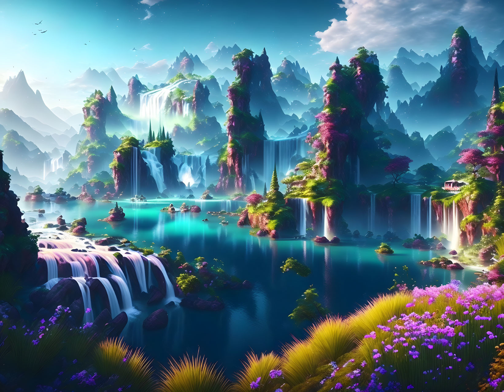 Azure lakes, waterfalls, rock formations, and colorful flora in a serene landscape